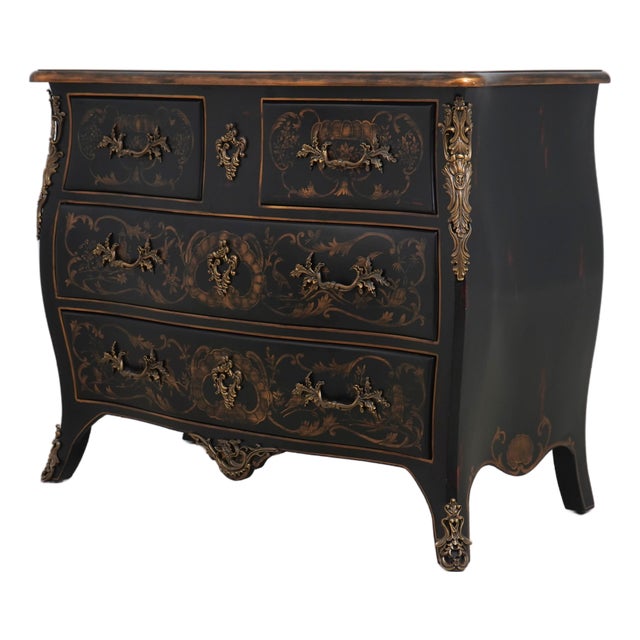 Harden Black Lacquer Chinoiserie Bombe Commode For Sale