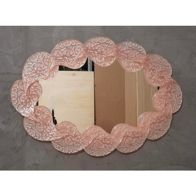 Metal Mid-Century Italian Oval Pink Murano Glass and Brass Wall Mirror, 2000s For Sale - Image 7 of 10