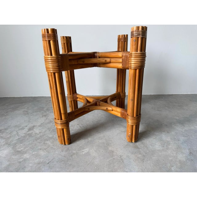 Vintage Coastal Rattan Dining Table With Round Glass Top/ Sold For Sale In Miami - Image 6 of 12