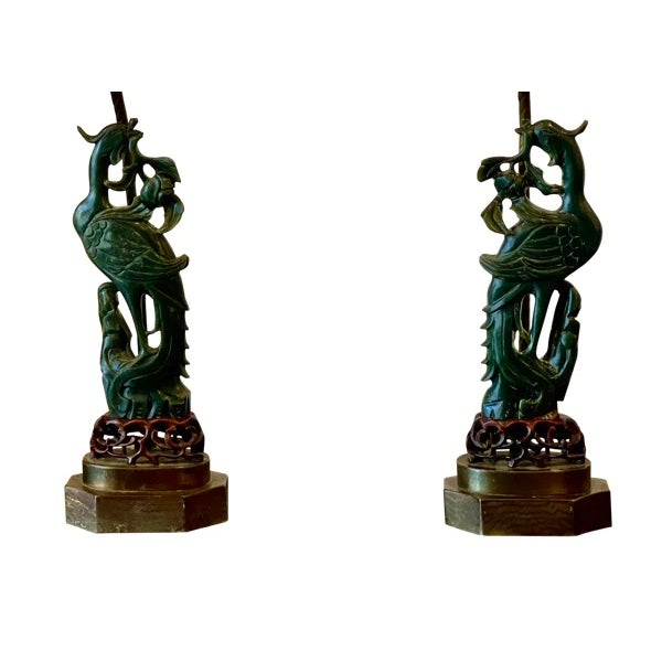 Pair of Jade/Nephrite Phoenix Lamps, carved, 19th Century figures. 8.25” h. 15” h. to socket. Silk shades.