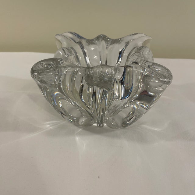Fabulous mid century French baccarat crystal art bowl with pinched corners. Acid etched mark.