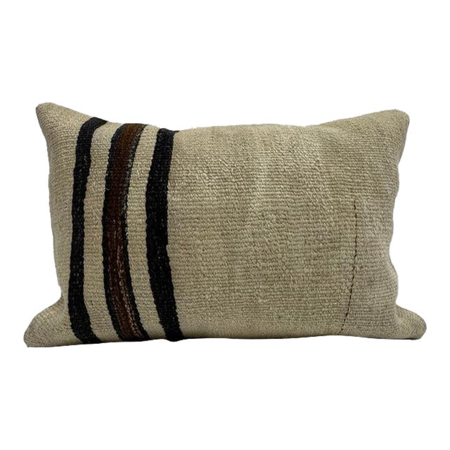 Turkish Hemp Pillow Cushion Natural Beige Black Pillow Cushion Cover 16" x 24" For Sale
