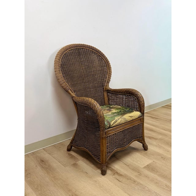 Boho Chic Coastal Wicker Rattan Chair Vintage Beach Scene Cushion Boho Accent Outdoor For Sale - Image 3 of 10