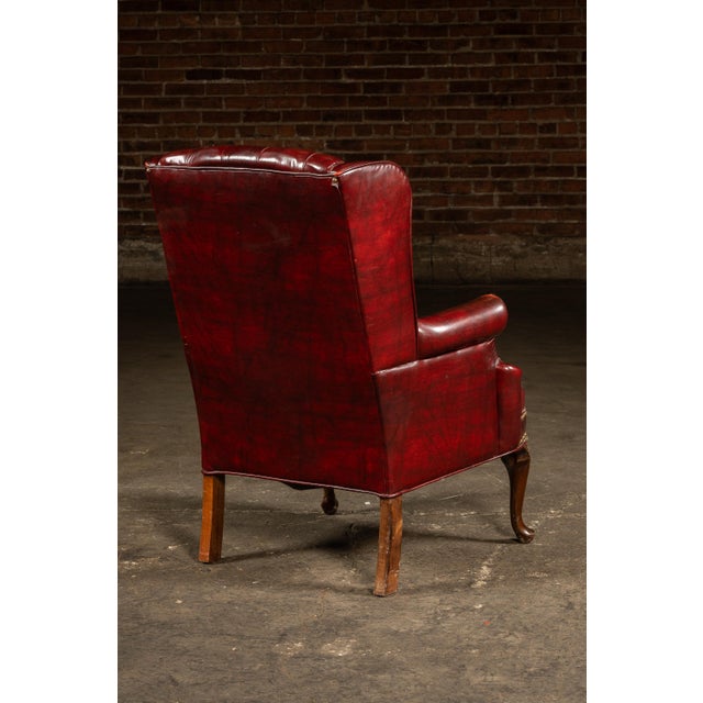 Animal Skin Vintage Tufted Leather Wingback Chesterfield Armchair in Oxblood For Sale - Image 7 of 15