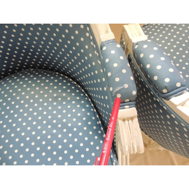 Antique French Louis XVI Style Upholstered Barrel Back Armchairs - A Pair For Sale - Image 10 of 13