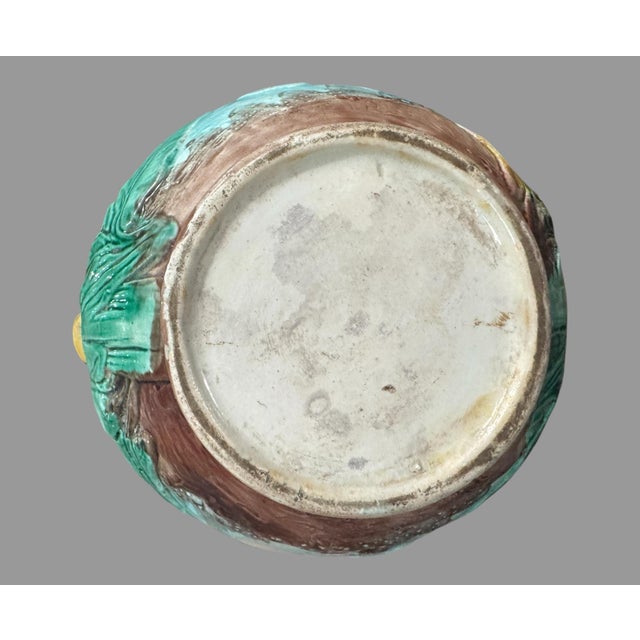 Antique Victorian Majolica 7.5" Pitcher With Heron Flying Over a Pond Setting For Sale - Image 6 of 12