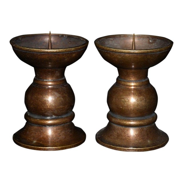 Pair of Bronze Candle Holders — Curved Dish & Trumpet Base, Aged Patina For Sale