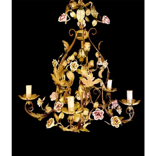 Porcelain Floral Roses Flower Chandelier, 1940s For Sale - Image 4 of 14