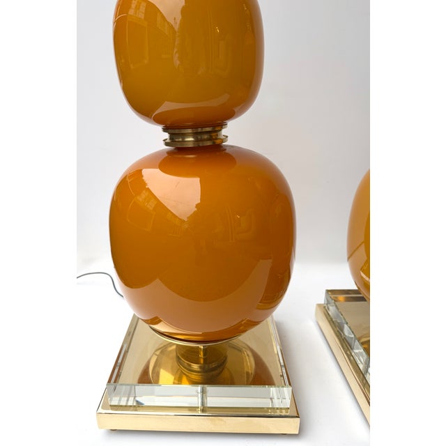 Mid-Century Modern Contemporary Pair of Brass and Orange Murano Glass Bulbs Lamps, Italy For Sale - Image 3 of 13