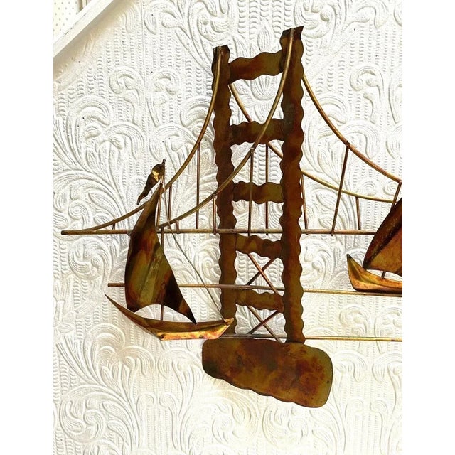 Curtis Jere Vintage Mid Century Modern Metal Golden Gate Bridge Boats Wall Hanging For Sale - Image 4 of 11
