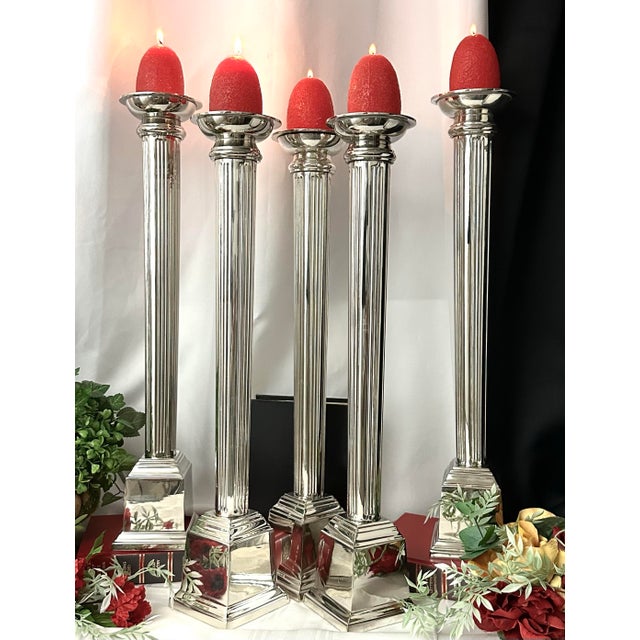 Vintage Candle Holders Silver Metal Pillar Candlesticks - Set of 5 For Sale - Image 9 of 9