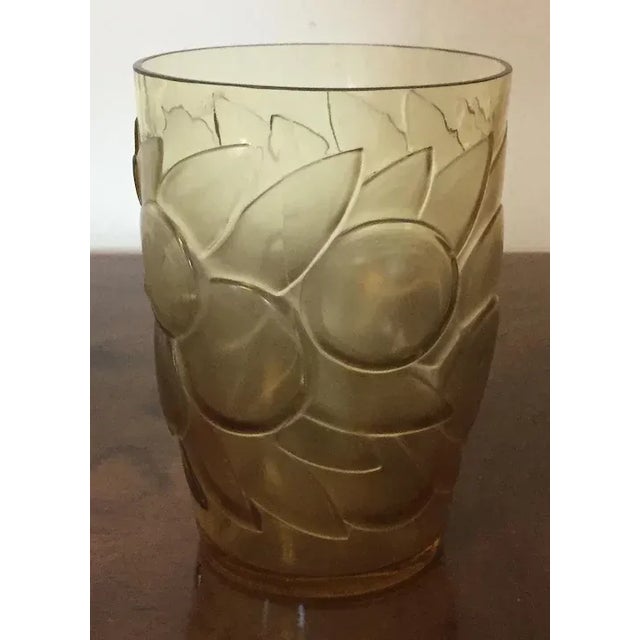 Art Deco 1930 Art Deco Rene Lalique Amber Tumbler Glass Vase Blidah Pattern Fruit and Leaves For Sale - Image 3 of 11