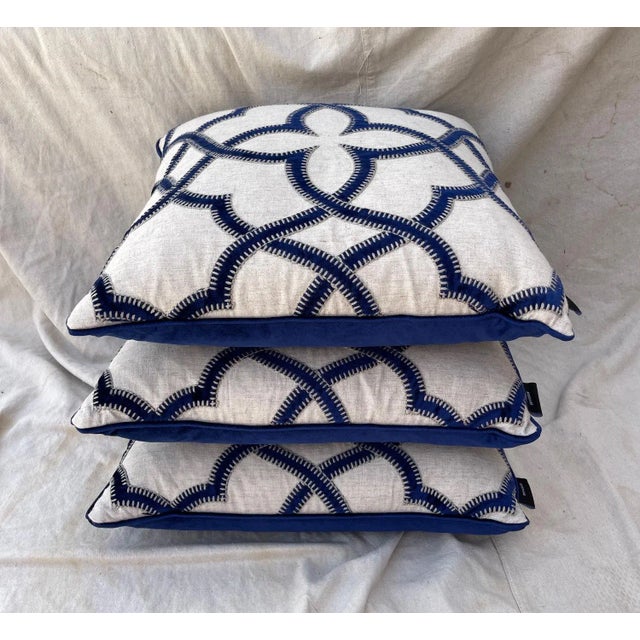 Contemporary Trio of Blue Velvet/Khaki Decor Pillows For Sale - Image 3 of 9