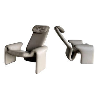 Vintage Sculptural Post Modern Gray Leather Lounge Chair Pair For Sale