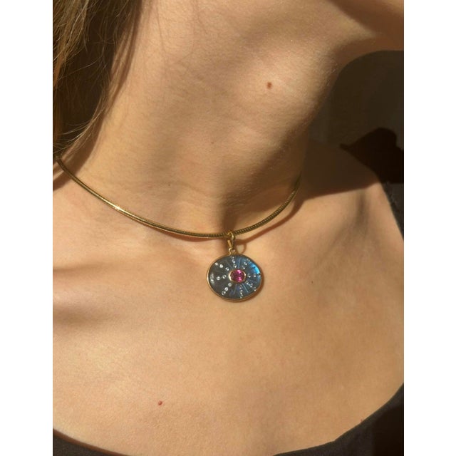 Sol Labradorite Pendant With Pink Tourmaline, Diamonds & 14k Gold For Sale - Image 9 of 9