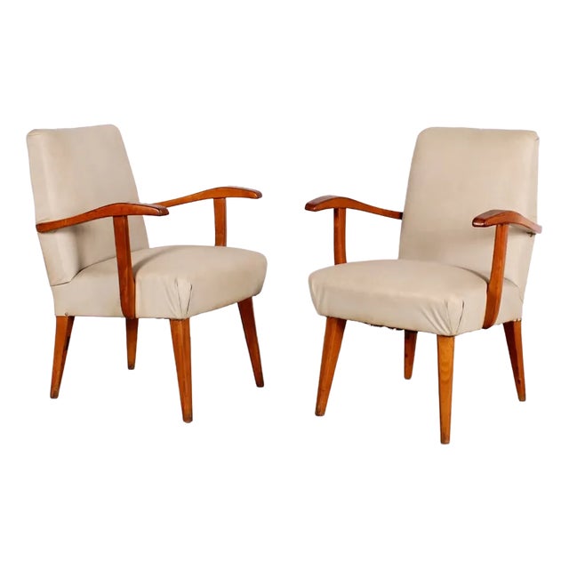 Set of Mid-Century Oak & Upholstery Armchairs For Sale
