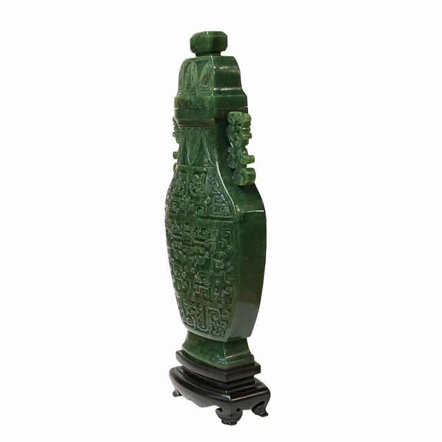 Natural Green Jasper Stone Carved Dragon Accent Flask Display Vase For Sale - Image 4 of 9