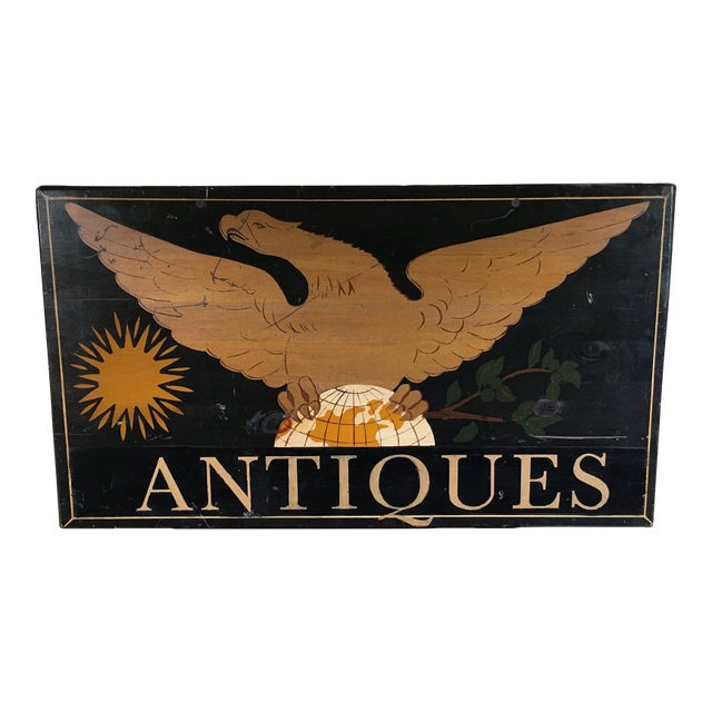 Vintage Hand-Painted Wooden “Antiques” Trade Sign For Sale
