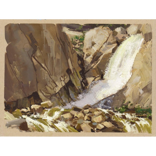 037 - Plein Air-Boulder Falls, CO, 5/26/22 by Judd Mercer | Gouache Painting of a waterfall and rocks For Sale