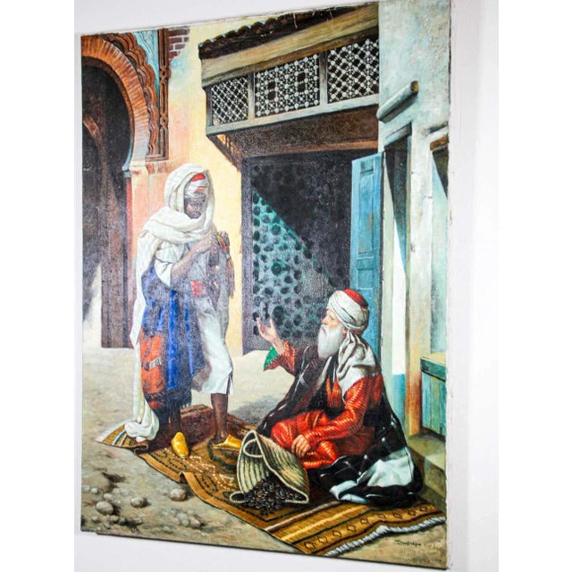 Moroccan Orientalist Oil on Canvas Painting Moroccan Market 19th Scene For Sale - Image 4 of 11