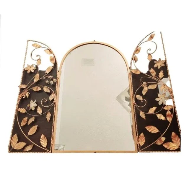 Dorothy Draper Vintage Tole Arched Regency 2 Door Gold Floral Wall Mirror For Sale - Image 4 of 12