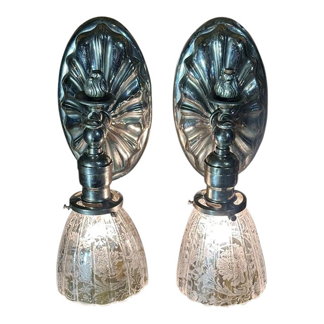 1900s Silver Art Deco Sconces With Etched Shades - a Pair For Sale