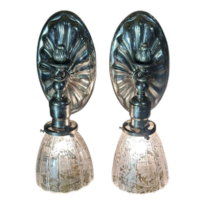1900s Silver Art Deco Sconces With Etched Shades - a Pair