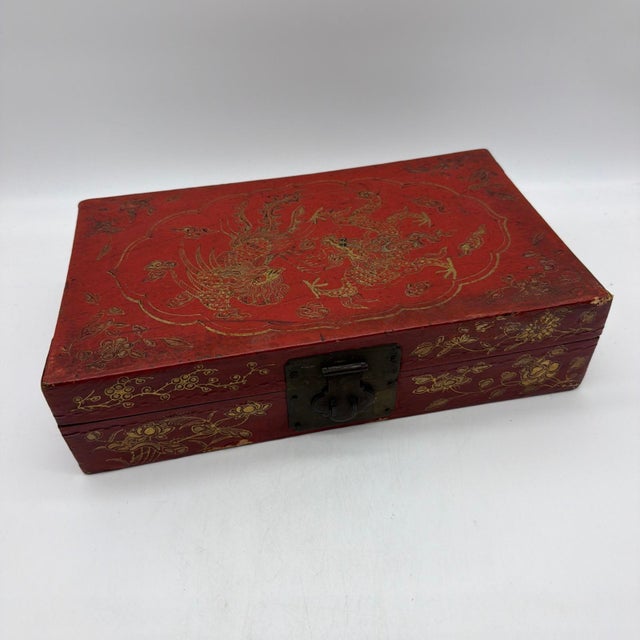 Vintage Chinese Gilt Red Lacquer Leather Document Box With Dragon & Phoenix For Sale - Image 14 of 14