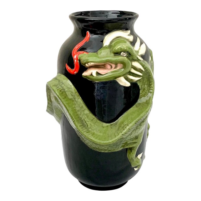 Vintage Large Black Glazed Dragon Vase – Sculptural Chinoiserie Style Ceramic For Sale