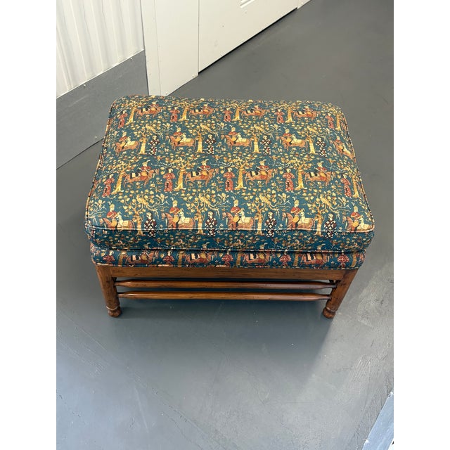 Vintage Upholstered Waverly Fabric "Persia" Ottoman With Turned Wooden Legs For Sale - Image 10 of 12