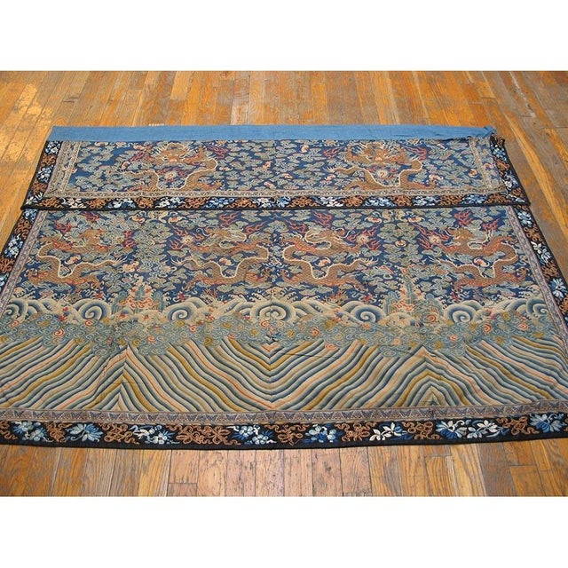 Antique Chinese - Textile Small Scatter Size Silk Blue Rug, Circa Date: 1800s. This exceptional piece is not a traditional...