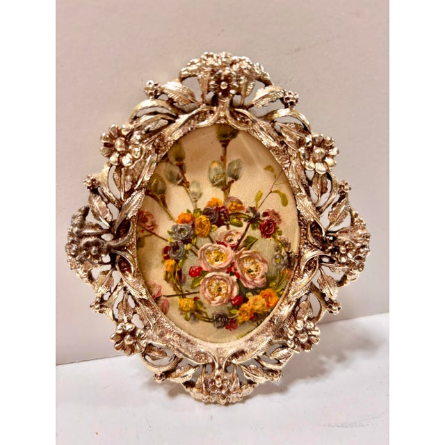 Victorian Mid 20th Century Petite Oval Silver Plate Filigree Picture Frames, a Pair For Sale - Image 3 of 12