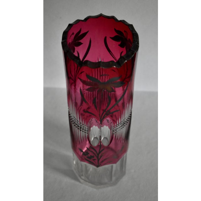 Vintage Clear Crystal Vase Bohemian Ruby Cut Cylinder Etched Silver Overlay For Sale - Image 14 of 15