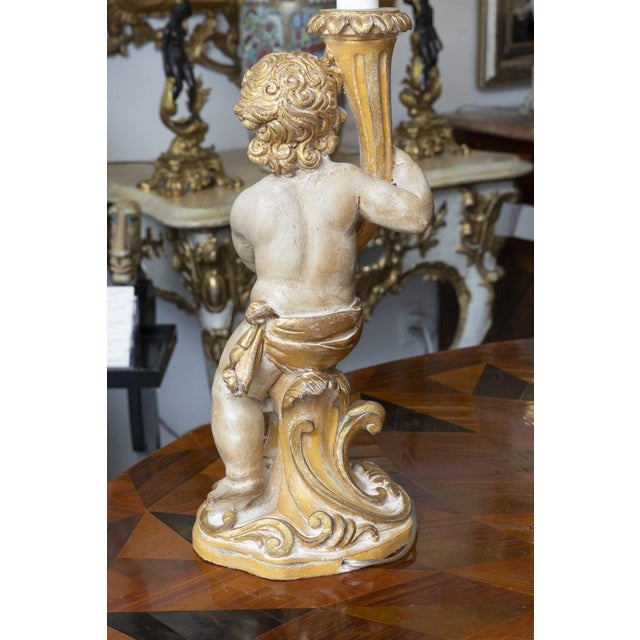 Mid 20th Century Pair of Italian Giltwood Cherub Candlestick Lamps For Sale - Image 5 of 10