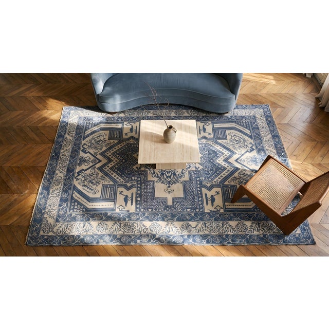 Textile 1930s Blue Abstract Geometric Antique N. Indian Agra Cotton Rug 4' X 6'6" Handknotted Carpet For Sale - Image 7 of 9