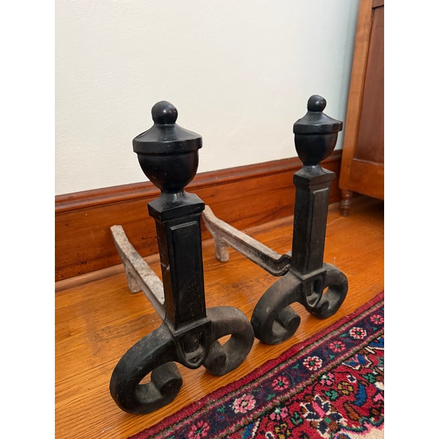 Rustic Vintage Black Wrought Iron Andirons With Urn Finials, a Pair For Sale - Image 3 of 8