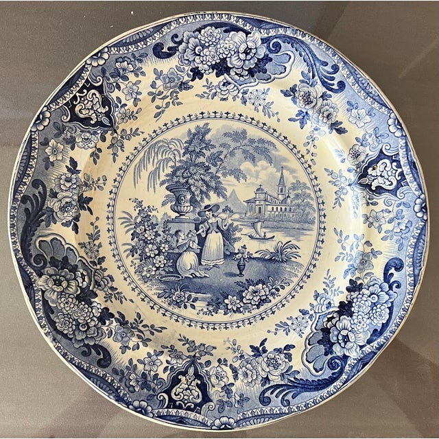 Antique 19th Century English Regency Staffordshire Blue Transferware Dinner Plates - Italian Buildings by Ralph Hall Circa 1825 - Set of 5 For Sale - Image 11 of 17