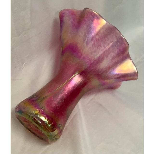 Mid 20th Century Loetz-Style Handblown Iridescent Cranberry Vase With Ruffled Rim For Sale - Image 5 of 8