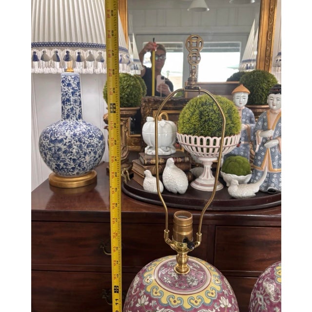 Early to Mid Twentieth Century Chinese Export Famille Rose Ginger Jar Lamps Turquoise Enamel Flowers Birds, a Pair For Sale - Image 6 of 11