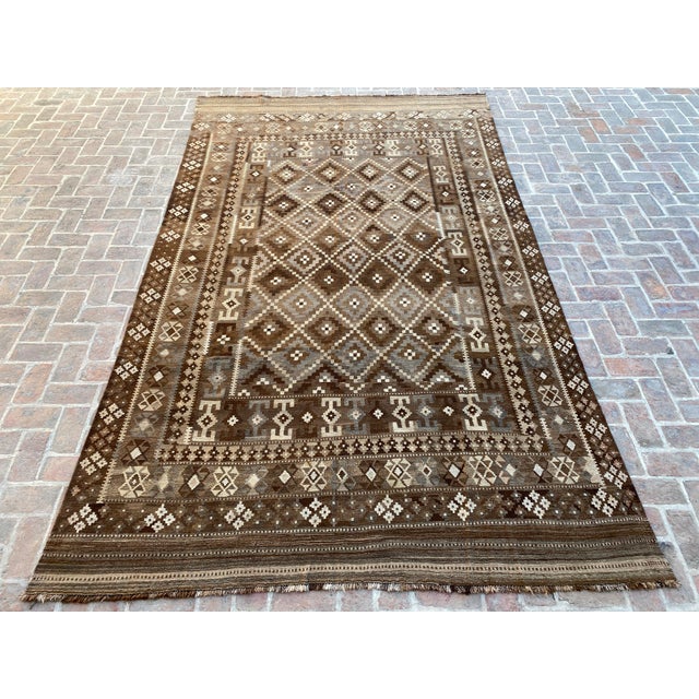 Tribal Afghan Ghalmori Maimana Kilim Rug 8x14 Ft, Handwoven Brown Gray Blue Bordered Flatweave, Large Tribal Area Rug For Sale - Image 3 of 15