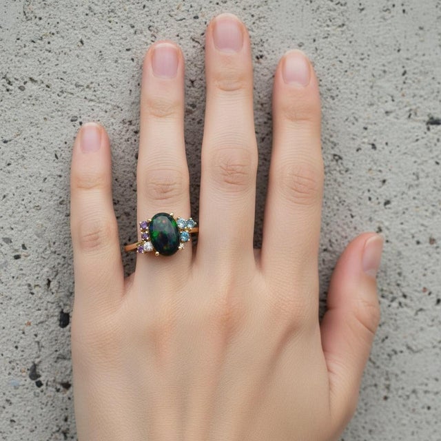 Black Opal Multicolor Ring in 14k Gold, Size 7.5 For Sale - Image 9 of 9