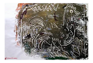 Green and Gold Rooster Painting, Contemporary Painting, Custom Golden Box Frame, 2016