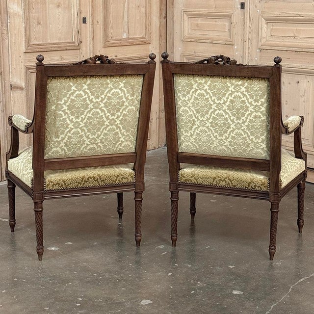 Pair of 19th Century French Louis XVI Walnut Armchairs ~ Fauteuils For Sale - Image 15 of 17