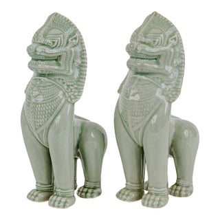 Vintage Thai Singha Lion Foo Dog Statues in Celadon For Sale