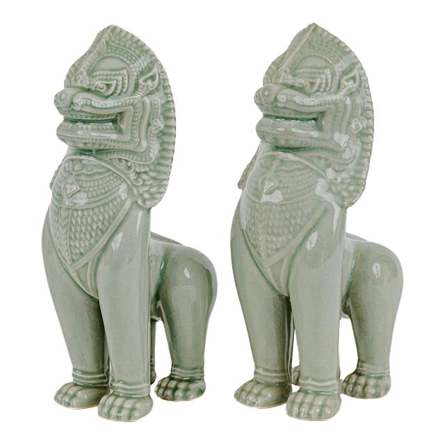 Vintage Thai Singha Lion Foo Dog Statues in Celadon For Sale