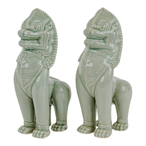 Vintage Thai Singha Lion Foo Dog Statues in Celadon