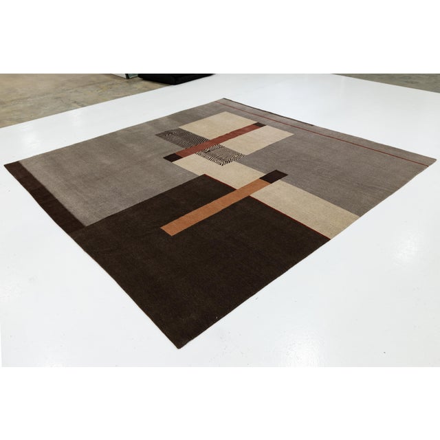 Abstract Tibetan Hand-Knotted Wool & Silk Rug Abstract Modern Geometric in Gray and Brown For Sale - Image 3 of 10