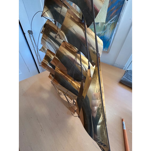 Vintage Modernist John DeMott Brass Sailing Ship Wall Sculpture - Signed & Original Label For Sale - Image 9 of 9