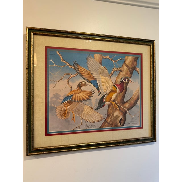 1980s Signed Jim Oliver Print of 2 Wood Ducks in Gorgeous Gold Bamboo Frame For Sale - Image 11 of 11