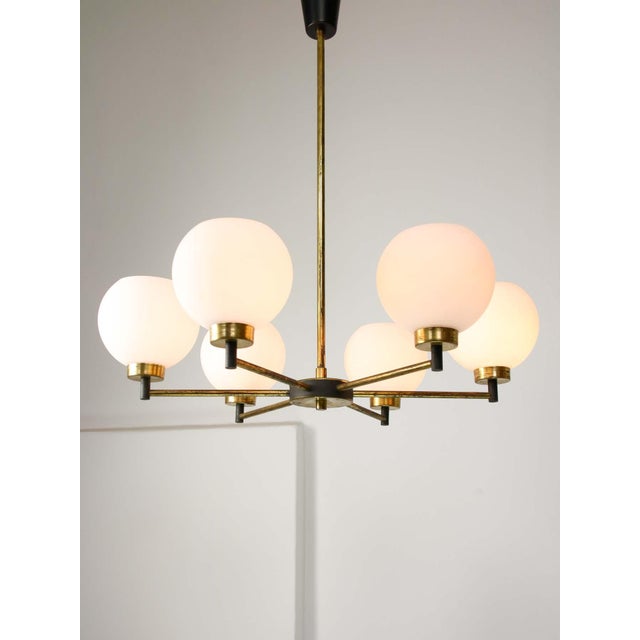 Mid-Century Modern Italian Brass and Opaline Chandelier For Sale - Image 4 of 16